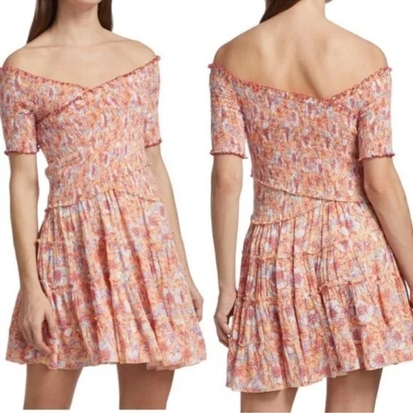 Poupette St. Barth Soledad Orange Floral Smocked Mini Dress - Picture 1 of 9